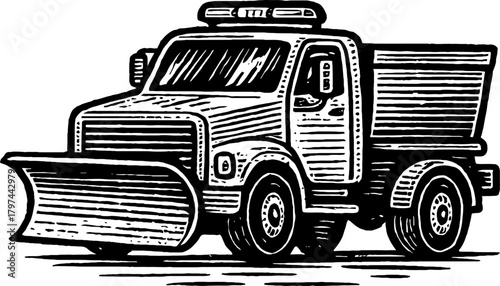 Black And White Illustration Of Snow Plow Truck With Plow Blade Attached