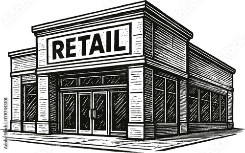 A black and white sketch illustrating a retail store's facade. The drawing features large display windows and a double-door entrance, with the word 'RETAIL' prominently displayed on the signage above.