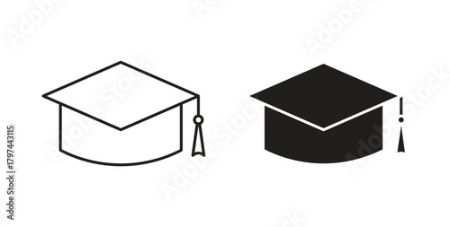 Graduation cap icons set. Simple line vector illustration