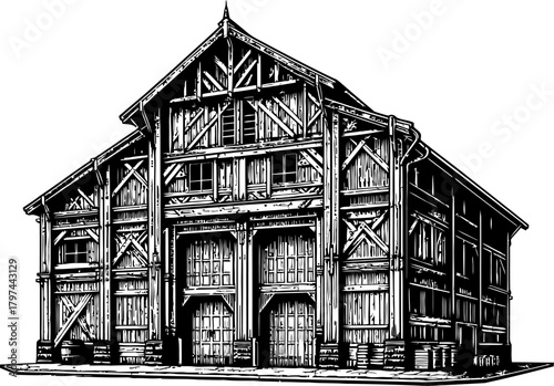 A black and white architectural illustration of a large, multi-story wooden barn. The drawing meticulously details the timber framing, beams, roof structure, windows, and doors of the building.
