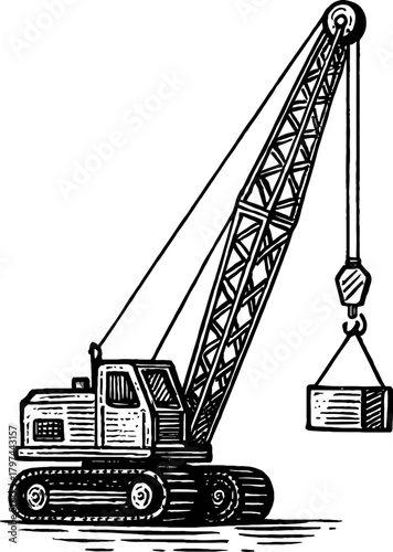 Black and white illustration of a crawler crane lifting a heavy load. This industrial equipment is depicted on a construction site, showcasing its power and function in engineering and development.