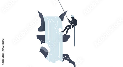 Silhouette of a Climber Rappelling Down a Rock Face with a Waterfall.