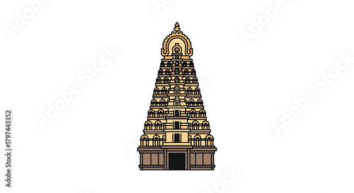 Detailed Illustration of a Traditional South Indian Temple Tower.