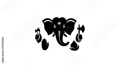 Black Silhouette of Lord Ganesha with Multiple Arms Holding Symbols.