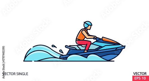 Person riding a blue and orange jet ski on water wearing helmet.