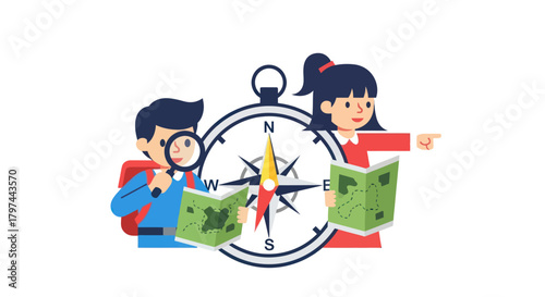 Cartoon Boy with Magnifying Glass and Girl with Map Exploring with Compass.