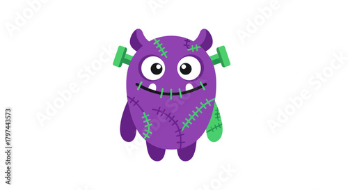 Cute purple Frankenstein monster illustration with a happy smile.