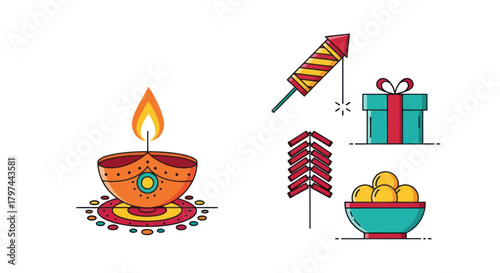 Festive Diwali Icons: Lit Diya Fireworks Gift Box and Sweets.