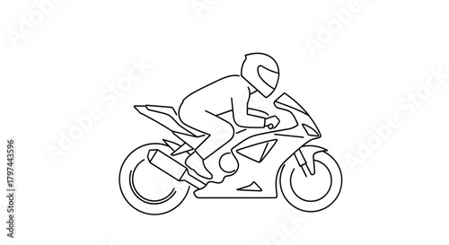 Outline drawing of a person riding a sport motorcycle.