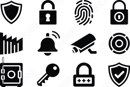 Security icons set with shield padlock camera and other safety elements