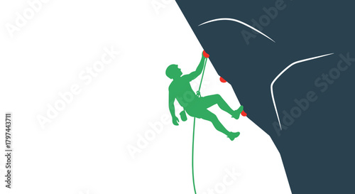 Silhouette of a green climber scaling a dark rock face with a rope.