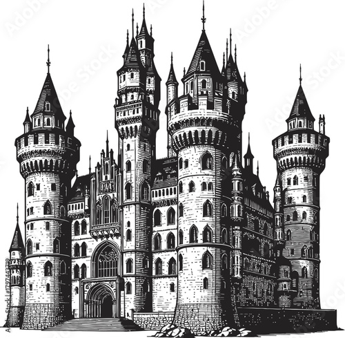 A detailed black and white illustration of a grand gothic castle. The image features tall spires, numerous towers, and intricate architectural elements, creating an imposing and majestic facade.