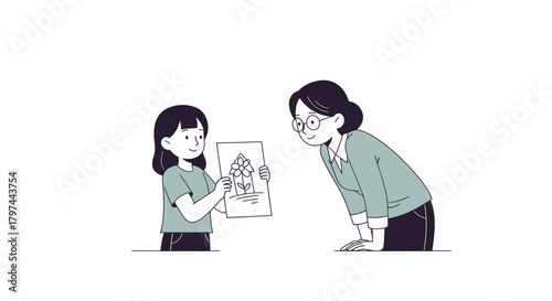 An unhappy young girl shows her house drawing to a stern critical adult woman in a minimalist illustration.