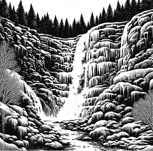 Monochromatic Waterfall Cascading Down Rocky Cliffs Surrounded By Dense Pine Forest