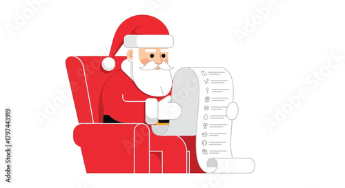 Santa claus sitting in a red chair reviewing his long naughty or nice gift list