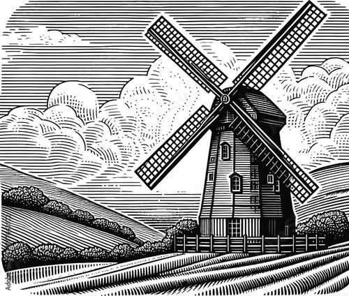 A black and white engraving of an old Dutch windmill situated in a rural countryside. Agricultural fields are visible in the foreground and rolling hills in the background under a cloudy sky.