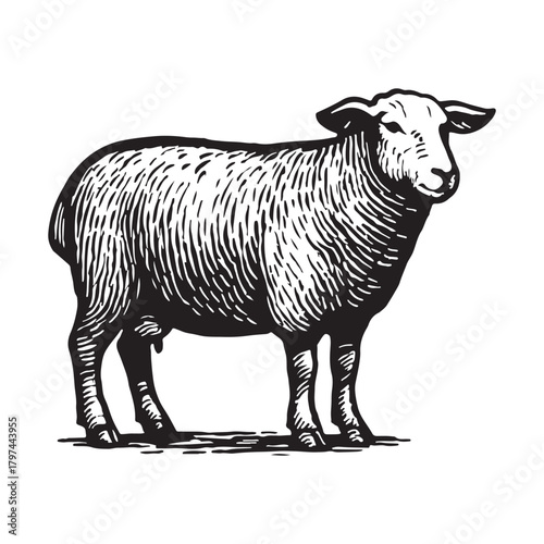 Classic black and white hand-drawn illustration of a domestic sheep in a detailed vintage woodcut or engraving style. This isolated rustic farm animal is ideal for agricultural branding or logos