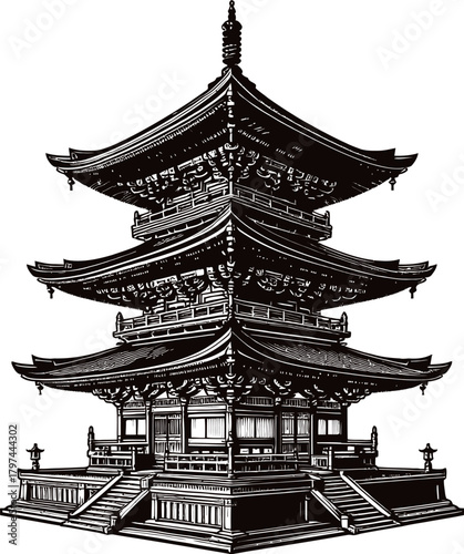 Traditional Japanese Pagoda Temple Architecture Black and White Illustration