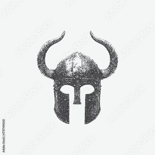 Halloween Warrior Helmet collage element with vintage stippling photocopy effect. with experimental grunge dotted texture