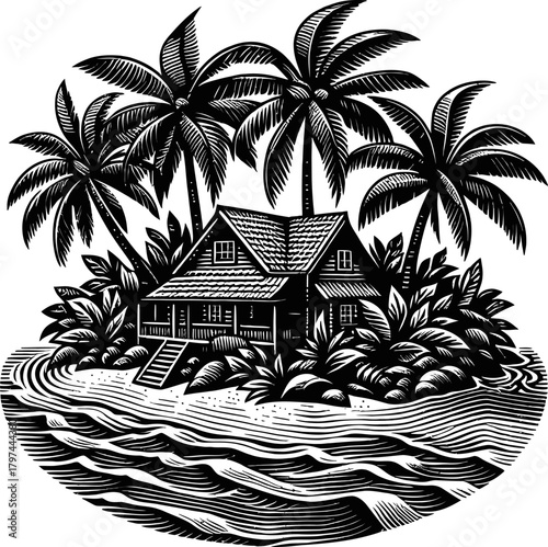 A black and white etching depicts a tropical beach house nestled among lush vegetation and tall palm trees. The scene includes the ocean with visible waves approaching the shore.