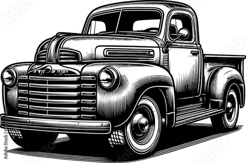 A black and white line drawing of a vintage pickup truck. Features a detailed grille, large round headlights, and a classic body style. Ideal for automotive or historical themes.