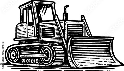 Vintage Bulldozer Illustration Industrial Vehicle Black and White Woodcut Style