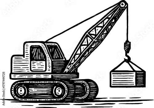 A black and white illustration of a vintage crane machine with a boom arm lifting a large rectangular object. The crane is on tracks and appears to be at a construction site. Industrial theme.
