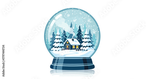 Charming winter scene inside a snow globe featuring a cozy cabin surrounded by snow covered pine trees