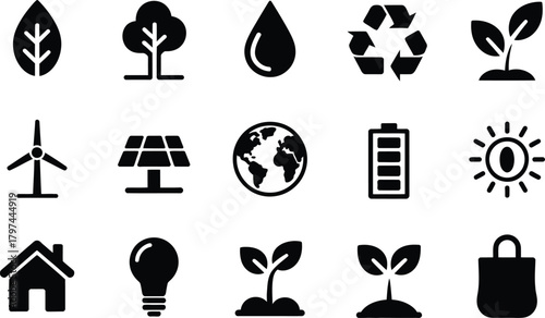 Sustainability and eco friendly energy source icons set illustration