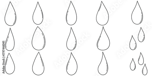 Hand-drawn doodle set of drops of water on a white background.