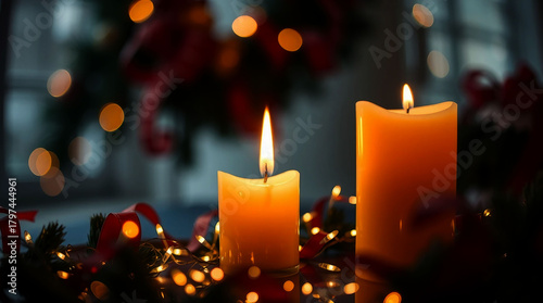 Two lit candles with bokeh lights and festive decorations