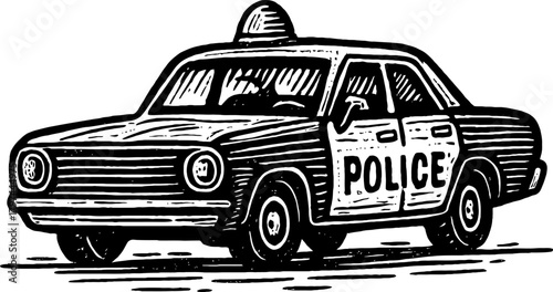 A black and white illustration of a vintage police car. The car is shown in profile with the word 'POLICE' visible on the side. It features a siren on the roof and classic design elements.
