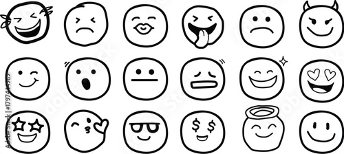 Face emoji icon set. Hand drawn doodle sketch style happy, angry, sad mood face emoticon background. Funny cartoon characters smile, wink, kiss emoji. Cute circle emotion element. Vector illustration