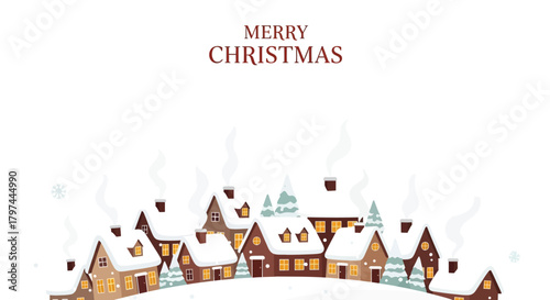 Charming snowy village scene with merry christmas greeting and cozy homes emitting smoke