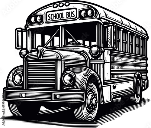 Black and white illustration of a vintage school bus. This retro transportation vehicle is depicted from the front, showcasing its classic design. Suitable for themes of education and travel.