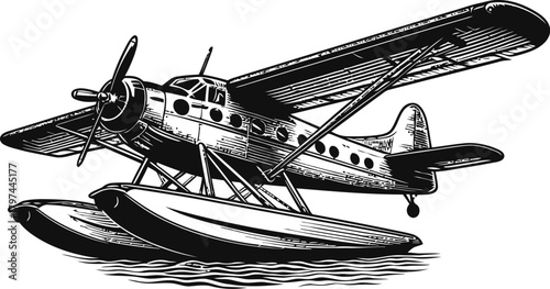 A detailed black and white illustration of a vintage seaplane with prominent floats rests on calm water, its propeller and wings clearly visible, suggesting readiness for flight.