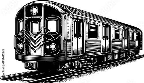 Vintage Subway Train on Tracks Black and White Illustration