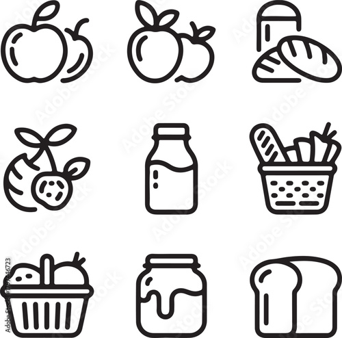 Outline food icons set with fruits, bread, milk bottle, grocery basket and jam jar