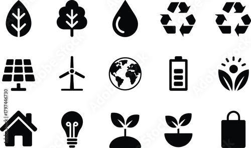 Black and white environmental sustainability icons related to ecological conservation