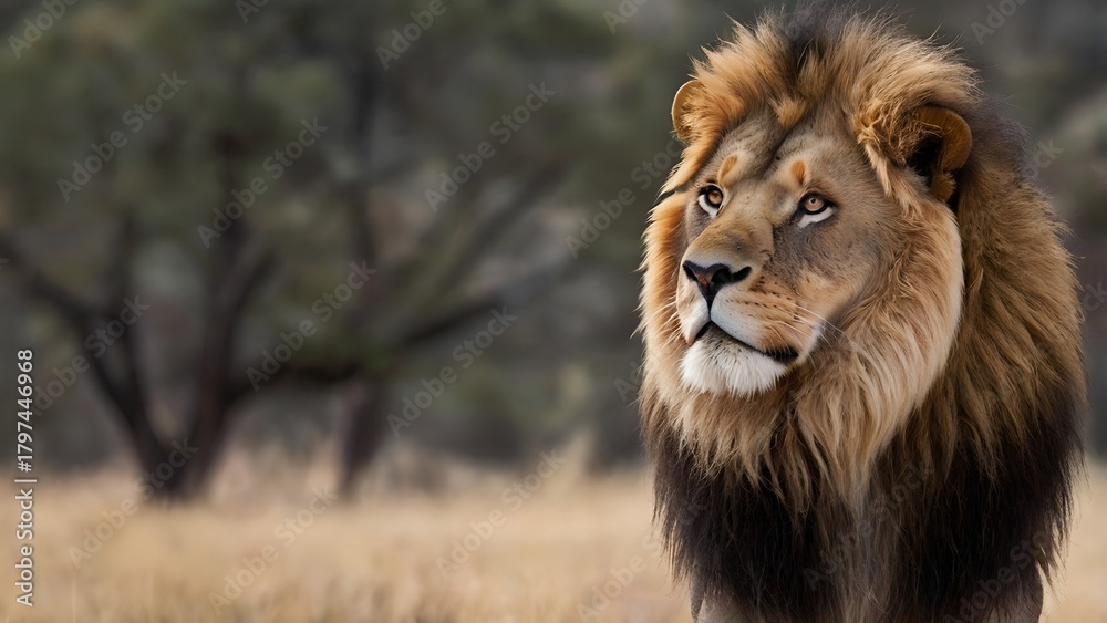 Obraz premium male lion in the wild,“Male Lion Standing Isolated on portrait Background” 