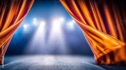 Stage curtains part, revealing bright stage lights, creating an atmosphere of excitement and anticipation for the audience.