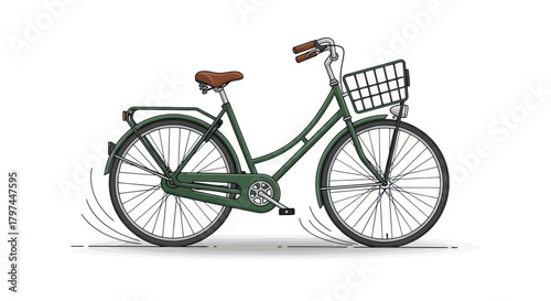 Classic Green Bicycle with Basket and Brown Leather Seat.