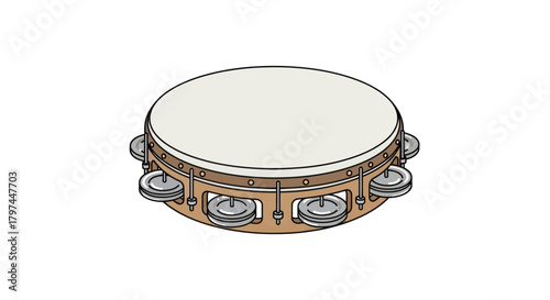 Classic Wooden Tambourine with White Drumhead and Metal Jingles.