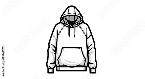 A simple line drawing of a white hooded sweatshirt with a front pocket.