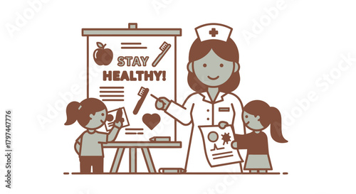 Nurse teaching children about staying healthy with a presentation board.