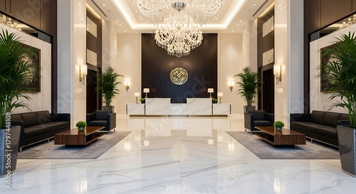 Stunning hotel lobby with elegant chandelier and luxurious marble flooring creates a welcoming and sophisticated arrival experience for guests
