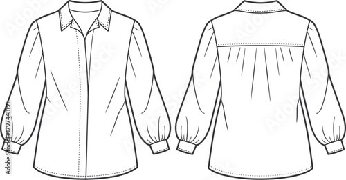 Women’s long sleeve blouse technical flat sketch, front and back view detailed CAD drawing, vector fashion design, apparel template illustration