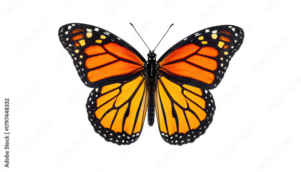 Fototapeta premium Close-up of a butterfly with orange and black wings, set against a transparent background
