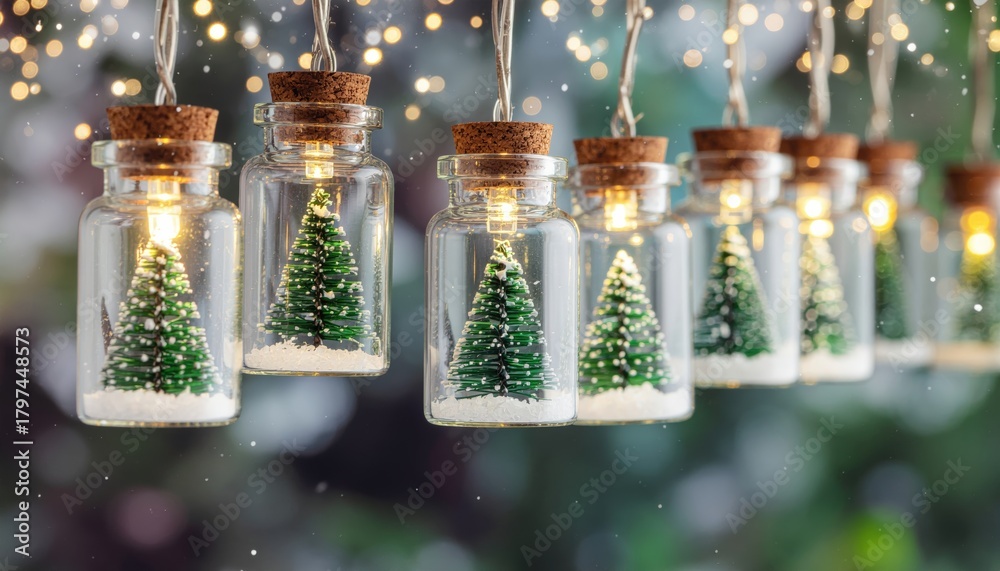 Obraz premium Enchanting christmas decor action miniature trees in glass jars festive setting holiday content magical atmosphere captivating perspective seasonal concept for home decoration