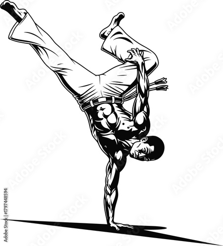 Capoeira martial arts acrobatics vector illustration black and white eps silhouette
